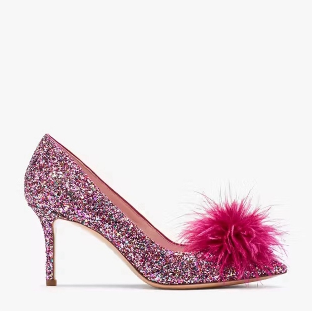 🔼KATE SPADE Marabou Heel Multi-Color Glitter Pink Feather pom-pom coquette 9